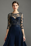Navy Round Neck 3/4 Sleeves Mother Of The Bride Jumpsuit With Streamer