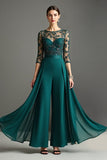Navy Round Neck 3/4 Sleeves Mother Of The Bride Jumpsuit With Streamer