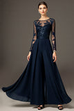 Sparkly Black Long Sleeve A Line Mother Of The Bride Pant Suits With Lace
