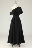 Black Satin A Line One Shoulder Long Mother Of The Bride Dress With Pockets
