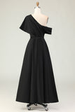 Black One Shoulder Satin Long Mother Of The Bride Dress with Pockets