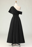 Black Satin A Line One Shoulder Long Mother Of The Bride Dress With Pockets