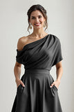 Black Satin A Line One Shoulder Long Mother Of The Bride Dress With Pockets