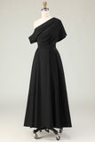 Black One Shoulder Satin Long Mother Of The Bride Dress with Pockets