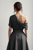 Black Satin A Line One Shoulder Long Mother Of The Bride Dress With Pockets