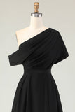Black One Shoulder Satin Long Mother Of The Bride Dress with Pockets