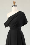 Black One Shoulder Satin Long Mother Of The Bride Dress with Pockets