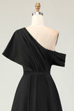 Black One Shoulder Satin Long Mother Of The Bride Dress with Pockets