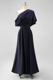 Navy Satin A Line One Shoulder Long Mother Of The Bride Dress With Pockets