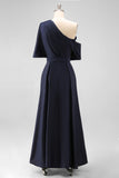 Navy Satin A Line One Shoulder Long Mother Of The Bride Dress With Pockets