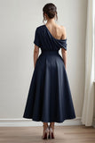 Black Satin A Line One Shoulder Long Mother Of The Bride Dress With Pockets