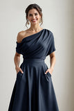 Black Satin A Line One Shoulder Long Mother Of The Bride Dress With Pockets