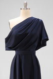 Navy Satin A Line One Shoulder Long Mother Of The Bride Dress With Pockets
