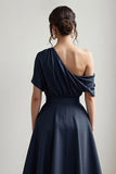 Black Satin A Line One Shoulder Long Mother Of The Bride Dress With Pockets