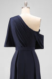 Navy Satin A Line One Shoulder Long Mother Of The Bride Dress With Pockets