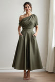 Black Satin A Line One Shoulder Long Mother Of The Bride Dress With Pockets