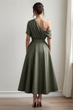 Black Satin A Line One Shoulder Long Mother Of The Bride Dress With Pockets