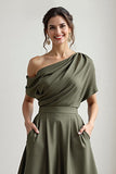 Black Satin A Line One Shoulder Long Mother Of The Bride Dress With Pockets