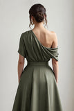 Black Satin A Line One Shoulder Long Mother Of The Bride Dress With Pockets