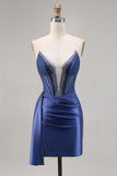 Beaded Corset Navy Satin Homecoming Dress with Sash