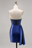 Beaded Corset Navy Satin Homecoming Dress with Sash