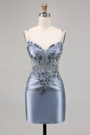 Sparkly Grey Blue Bodycon Corset Appliqued Mini Cocktail Dress