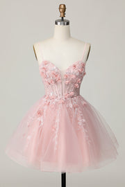 Sparkly Pink Corset Floral A Line Short Cocktail Dress