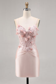 Sparkly Pink Satin Corset Bodycon Floral Mini Cocktail Dress