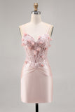 Pink Satin Corset Bodycon Homecoming Dress with Appliques