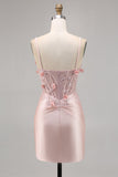 Pink Satin Corset Bodycon Homecoming Dress with Appliques