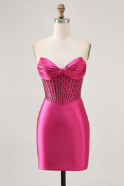 Sparkly Fuchsia Corset Bodycon Short Cocktail Dress with Beading