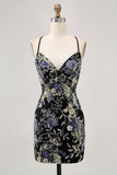 Black Bodycon Short Floral Homecoming Dress with Sequins