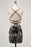Black Bodycon Short Floral Homecoming Dress with Sequins