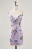 Sparkly Sequins Pink Bodycon Short Floral Homecoming Dress