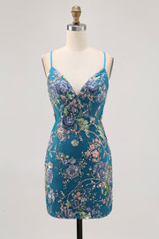 Sparkly Peacock Floral Beaded Short Bodycon Homecoming Dress with Sequin
