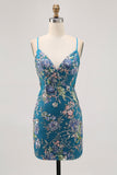 Bodycon Short Floral Peacock Homecoming Dress with Sequins