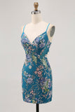 Bodycon Short Floral Peacock Homecoming Dress with Sequins