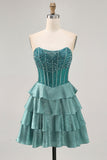 Peacock Green A-Line Corset Tiered Strapless Homecoming Dress