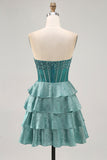 Peacock Green A-Line Corset Tiered Strapless Homecoming Dress
