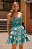 Peacock Green A-Line Corset Tiered Strapless Homecoming Dress