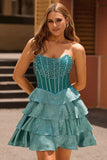 Peacock Green A-Line Corset Tiered Strapless Homecoming Dress