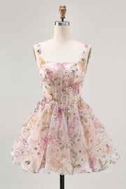 Sparkly Pink Floral Beaded Short Corset Cocktail Dress with Sequins