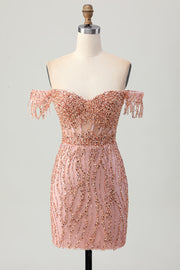 Sparkly Dusty Rose Bodycon Corset Short Cocktail Dress with Fringes