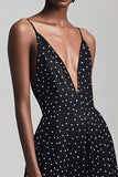 Boho Black and White A Line Deep V-Neck Chiffon Maxi Polka Dot Dress