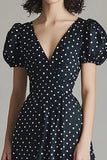 Black and White Satin V-Neck Boho Maxi Polka Dot Dress with Puff Sleeves