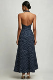 Navy and White Chiffon Halter A Line Boho Maxi Polka Dot Dress with Slit