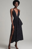Black and White A Line Boho Maxi Chiffon Polka Dot Dress with Slit