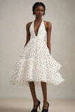 Black and White Tiered A Line Midi Tulle Polka Dot Dress with Ruffles