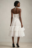 Black and White Tiered A Line Midi Tulle Polka Dot Dress with Ruffles