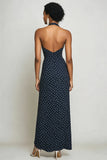 Navy and White Sheath Halter Boho Maxi Chiffon Polka Dot Dress